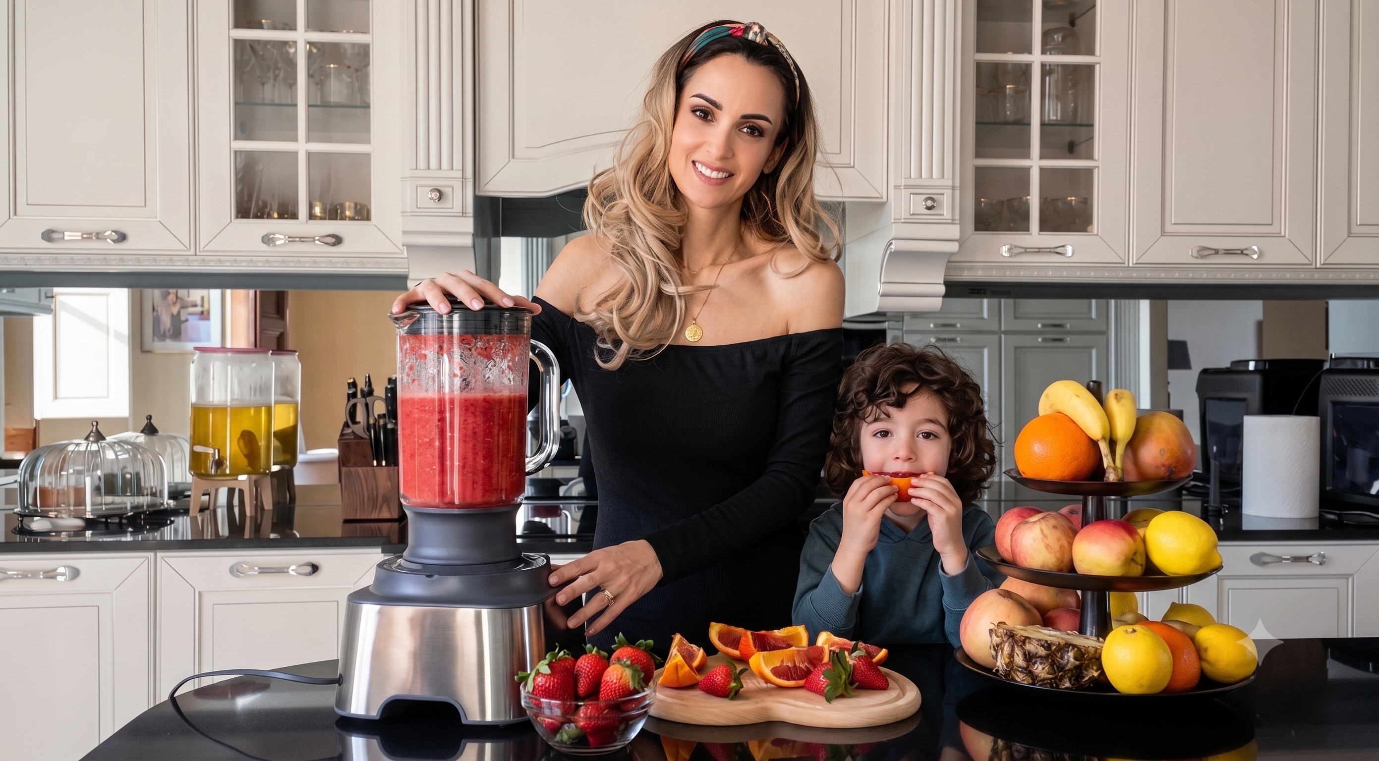 Un bambino prepara un frullato di frutta insieme alla mamma in cucina