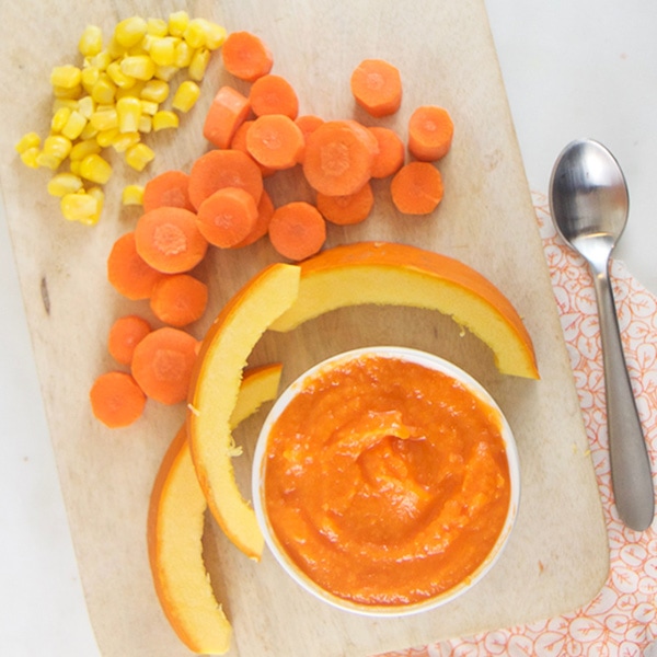 Purea per omogeneizzati di carota, mais e zucca