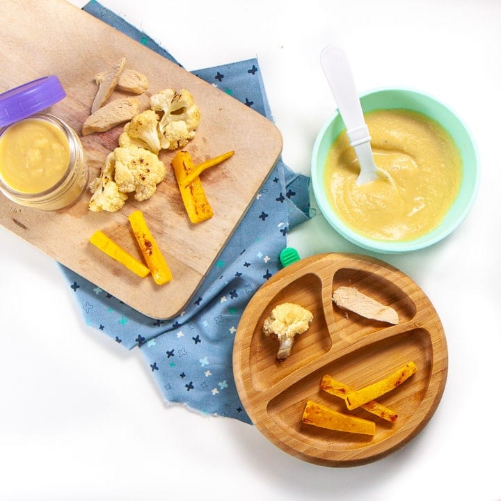 Alimenti per bambini con pollo, zucca e cavolfiore (purea o BLW)