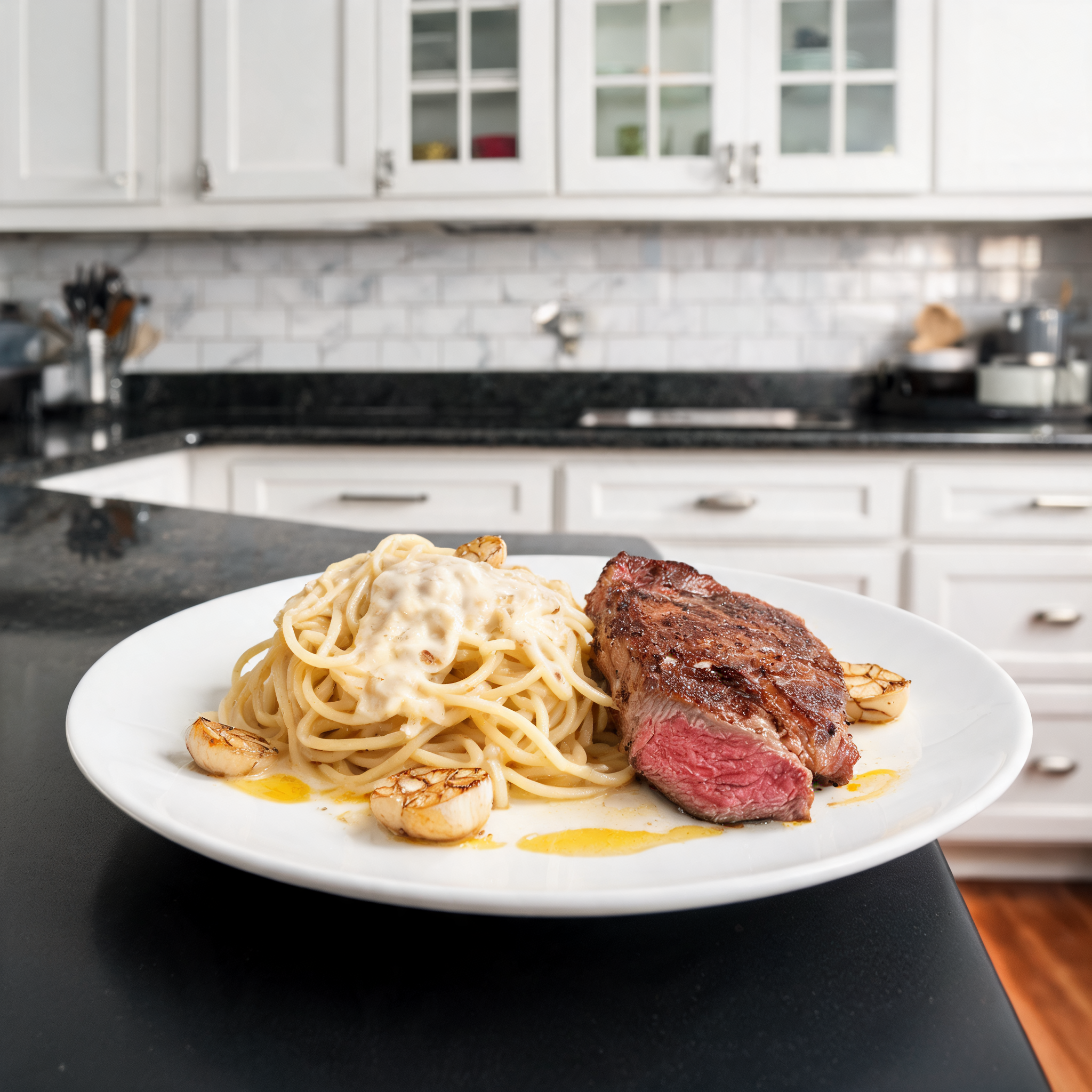 Pasta al Formaggio con Bistecca e Burro all'Aglio